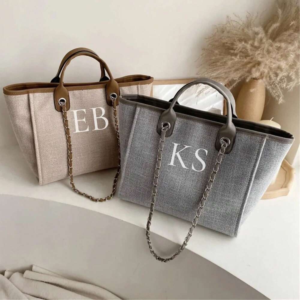 Women's Custom Monogram Canvas Tote Bag Light Grey Beige Chain Shoulder Purse Personalised Handbag Casual School Office Graduation Gift