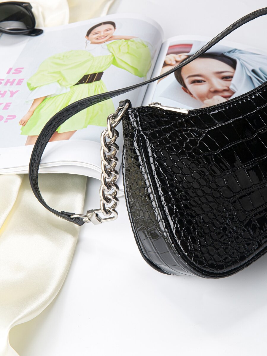 Mini Cosmetic Tote Bag Vegan Leather Waterproof Crocodile Embossed Shoulder Bag Casual Lightweight Business Work College Travel Purse