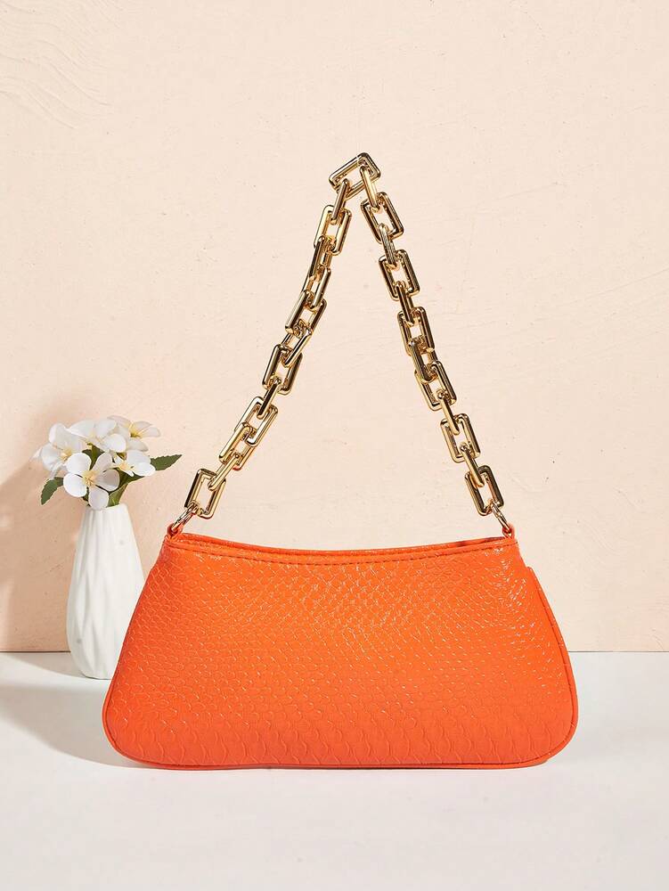 Neon Yellow Snake Skin Pattern Underarm Baguette Bag With Gold Chain Decor Bright Color Shoulder Purse Trendy Evening Party Handbag